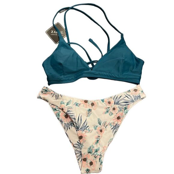 ZAFUL Women's Floral Print High Cut Crossback Lace-Up Bikini - Picture 4 of 17